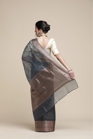 Woman wearing a traditional saree with a neutral background