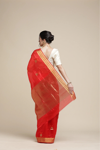 Woman wearing a red saree with a beige background