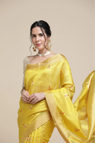 Woman wearing a yellow saree with a beige background