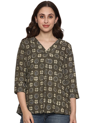 Green Cotton Block Print Top