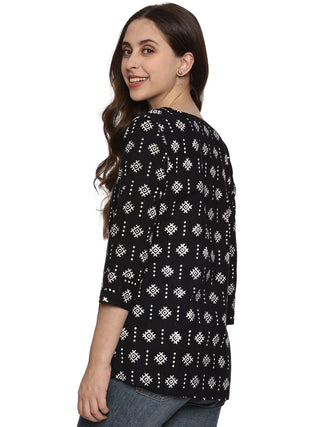 Cotton Block Print Top - Black