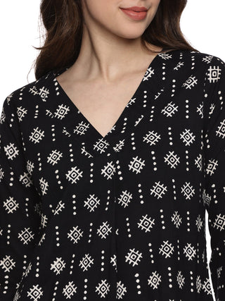 Black Cotton Block Print Top