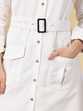 Button Down Linen Shirt Dress - White