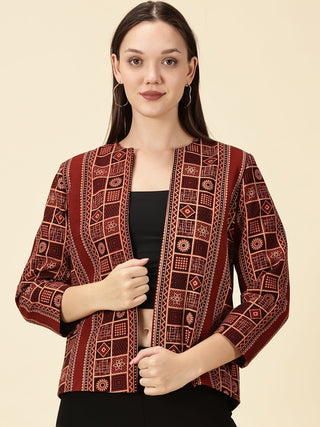 Red Handblock Ajrak Front Open Blazer