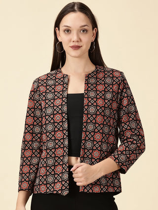 Red & Black Handblock Ajrak Front Open Blazer