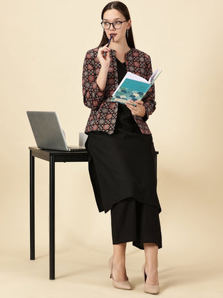 Red & Black Handblock Ajrak Front Open Blazer