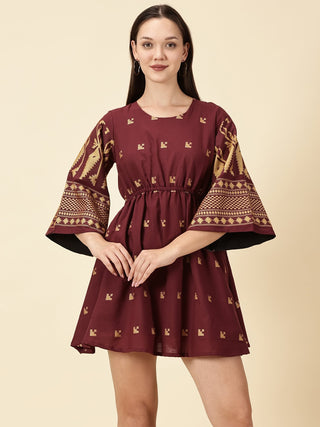 Marron Bell Sleeve Jamdani Dress
