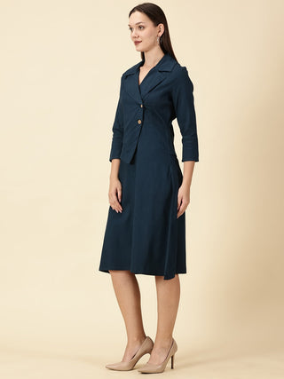 Cotton Lycra Blazer Dress - Teal Blue