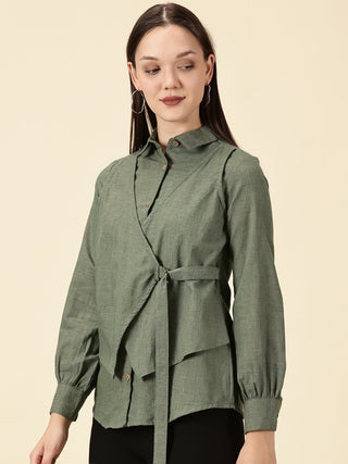 Modern Cotton Wrap Shirt - Olive Green