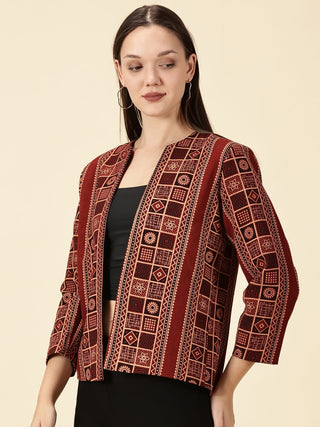 Handblock Ajrak Front Open Blazer - Red