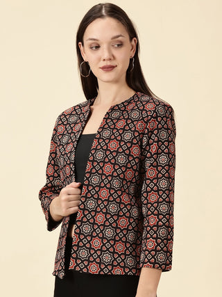 Red & Black Handblock Ajrak Front Open Blazer