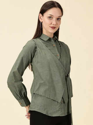 Modern Cotton Wrap Shirt - Olive Green