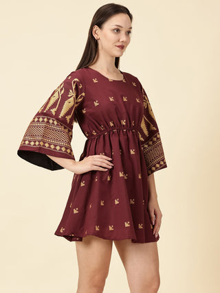 Bell Sleeve Jamdani Dress - Marron
