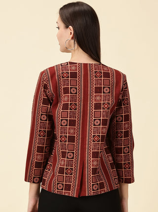 Handblock Ajrak Front Open Blazer - Red
