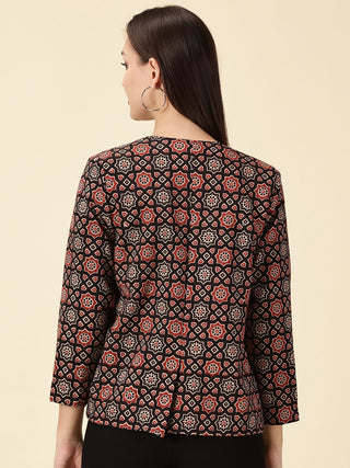 Red & Black Handblock Ajrak Front Open Blazer