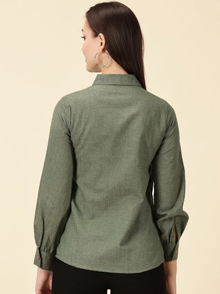 Modern Cotton Wrap Shirt - Olive Green