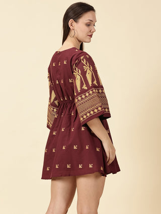 Marron Bell Sleeve Jamdani Dress