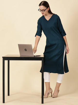 Cotton Lycra Workwear Kurta - Teal Blue