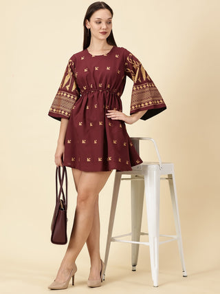 Bell Sleeve Jamdani Dress - Marron