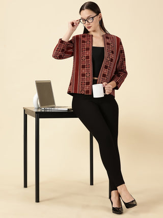 Handblock Ajrak Front Open Blazer - Red