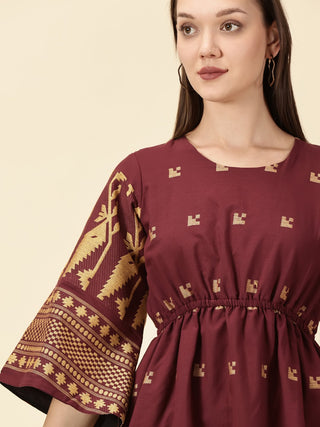 Bell Sleeve Jamdani Dress - Marron