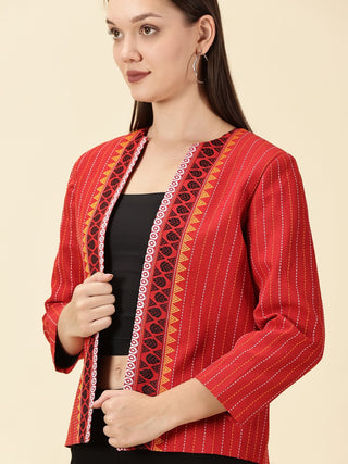 Open-Front Handwoven South Cotton Blazer - Red