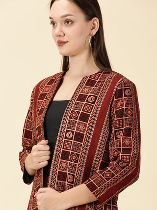 Handblock Ajrak Front Open Blazer - Red