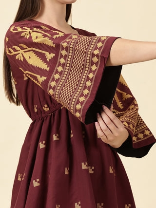 Bell Sleeve Jamdani Dress - Marron