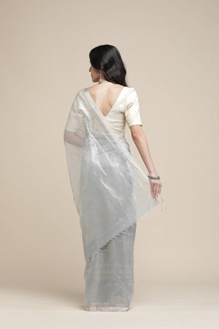 Woman wearing a light gray saree with a plain background