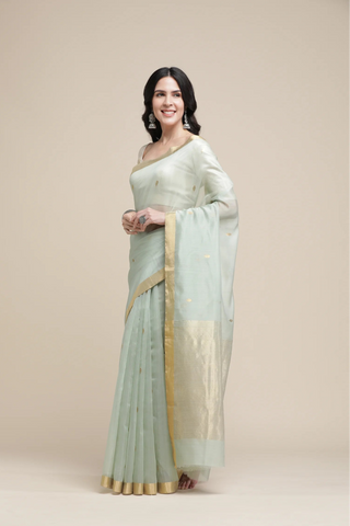 Woman wearing a light green saree with gold border on a beige background