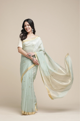 Woman wearing a light green saree with a gold border on a beige background