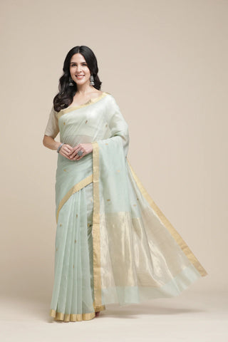 Woman wearing a light green saree with a beige background