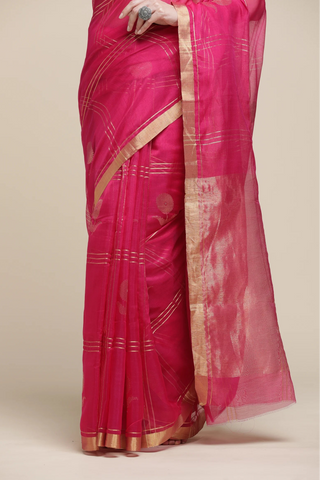 Pink saree with gold border on a beige background