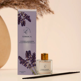 Lerica Lavender perfume bottle with packaging and diffuser on a neutral background