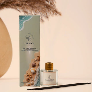 Lerrica Ocean Breeze perfume bottle and packaging on a neutral background with decorative elements.