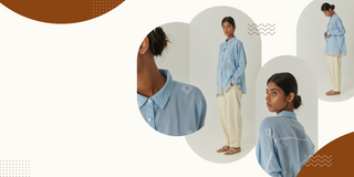 Woman wearing a light blue shirt with different poses on a white background