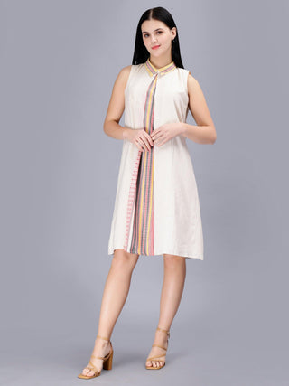 Off White Printed Cotton A-Line Midi Dress