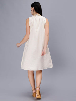 Off White Printed Cotton A-Line Midi Dress