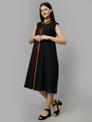 Printed Cotton A-Line Midi Dress - Black