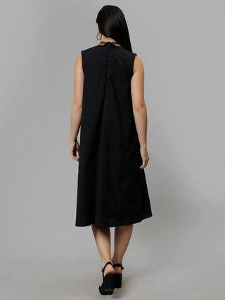 Printed Cotton A-Line Midi Dress - Black