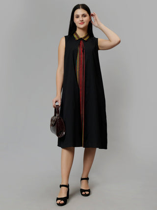 Printed Cotton A-Line Midi Dress - Black