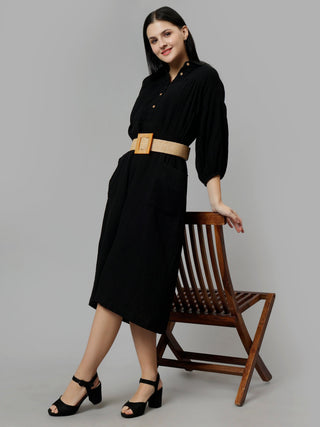 Cotton Solid A-Line Midi Dress - Black