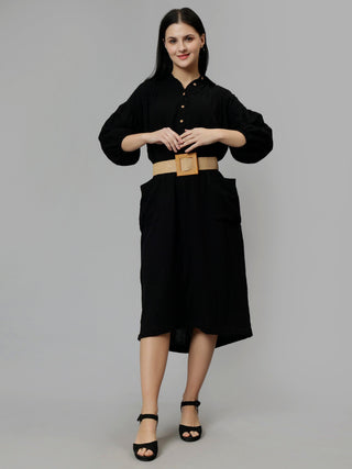 Cotton Solid A-Line Midi Dress - Black