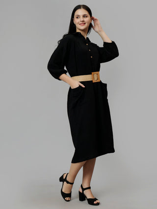 Cotton Solid A-Line Midi Dress - Black