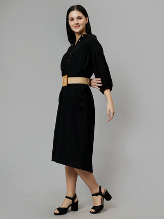 Cotton Solid A-Line Midi Dress - Black