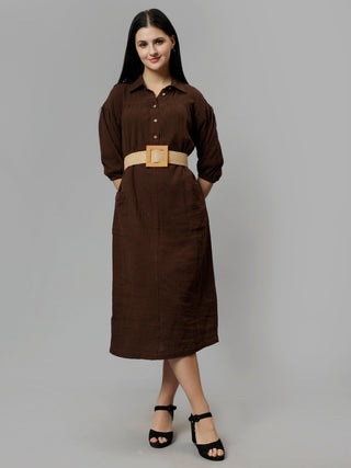 Cotton Solid A-Line Midi Dress - Brown