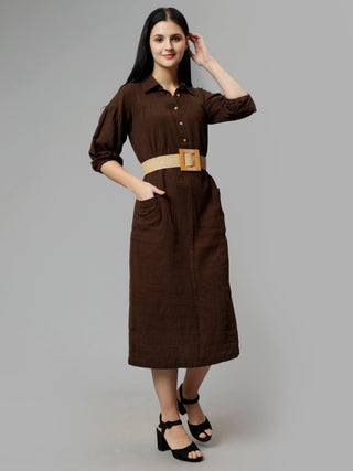 Cotton Solid A-Line Midi Dress - Brown