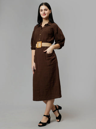 Cotton Solid A-Line Midi Dress - Brown