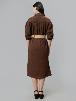Cotton Solid A-Line Midi Dress - Brown