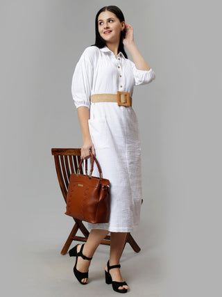 Solid A-Line Midi Dress - White